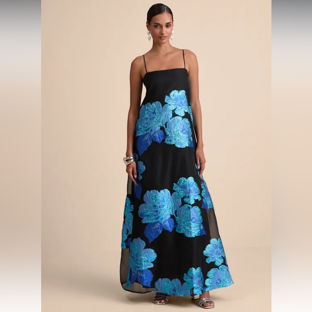 Lulus black maxi dress with blue flowers